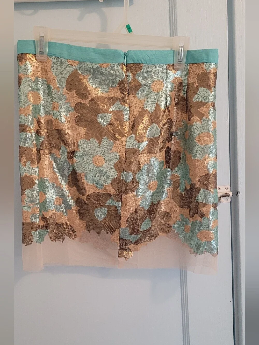 Eva Franco Aqua and Gold Floral Sequin Mini Skirt